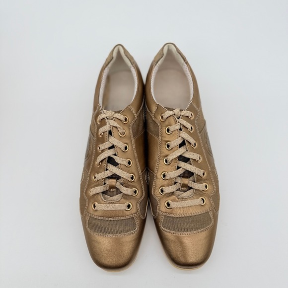 Salvatore Ferragamo Gold Mesh Leather Low Top Sneakers Womens 7C Beige - Picture 6 of 13